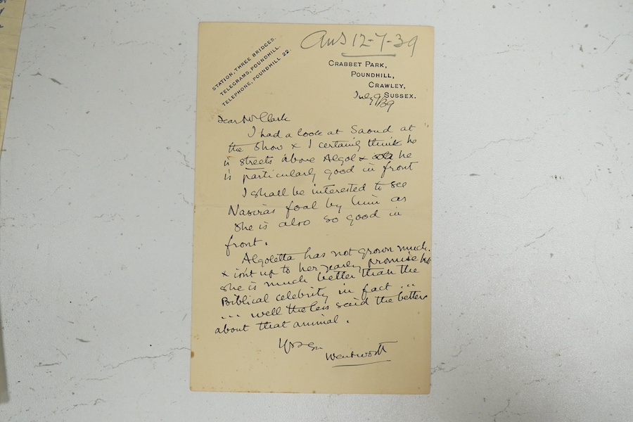 Archive of the Courthouse Farm Stud, Offham near Lewes and the Clark family, 1900-2014, including an important series of letters from Lady Anne Blunt at the Sheyk Obeyd Stud, Ain Shems, Egypt, 1912-1917, and her daughter